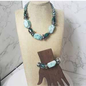 PAPARAZZI Chunky Resin Beaded Necklace & Stretch Bracelet Set Teal Silver